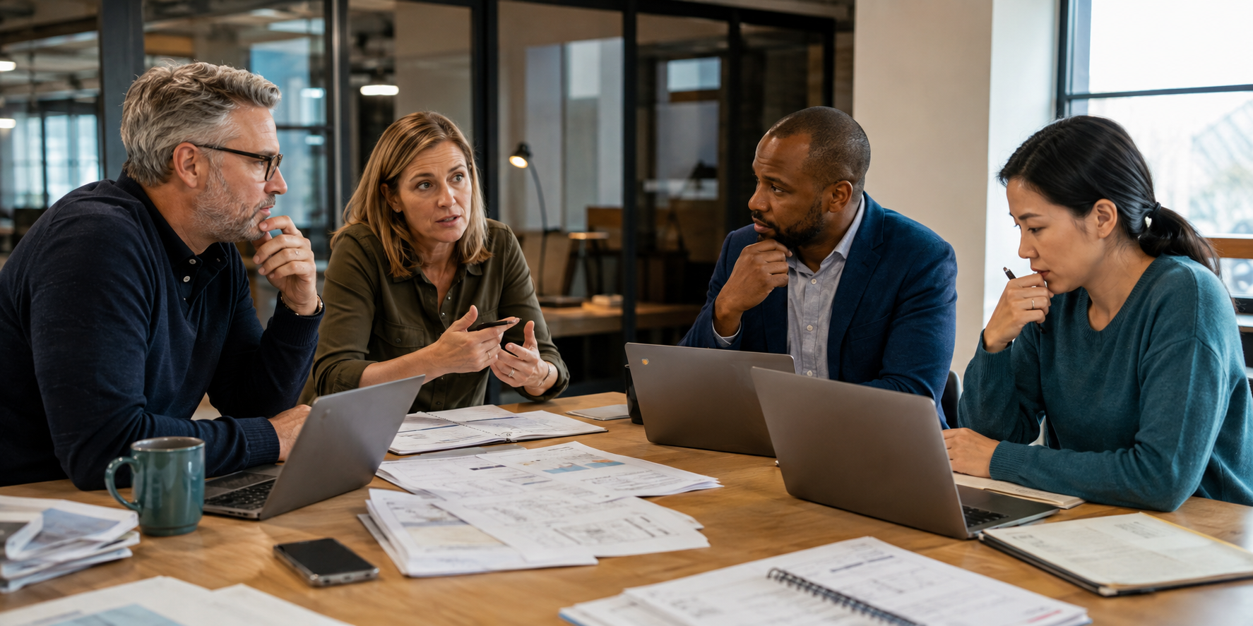 Business leadership team working through operational complexity around a conference table